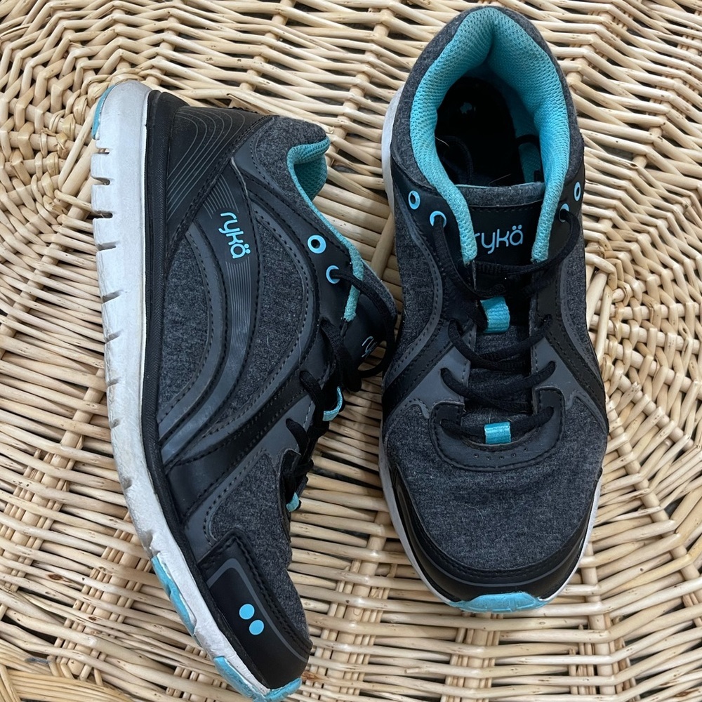 Ryka Aries Womens Running Training Shoes 6.5 Blue Gray Leather Teal Memory Foam